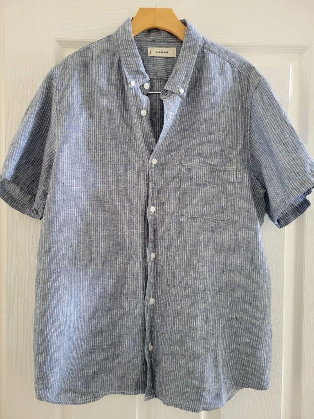 Everlane Mens Blue Striped Linen Short Sleeve Button-Down Shirt Large Casual